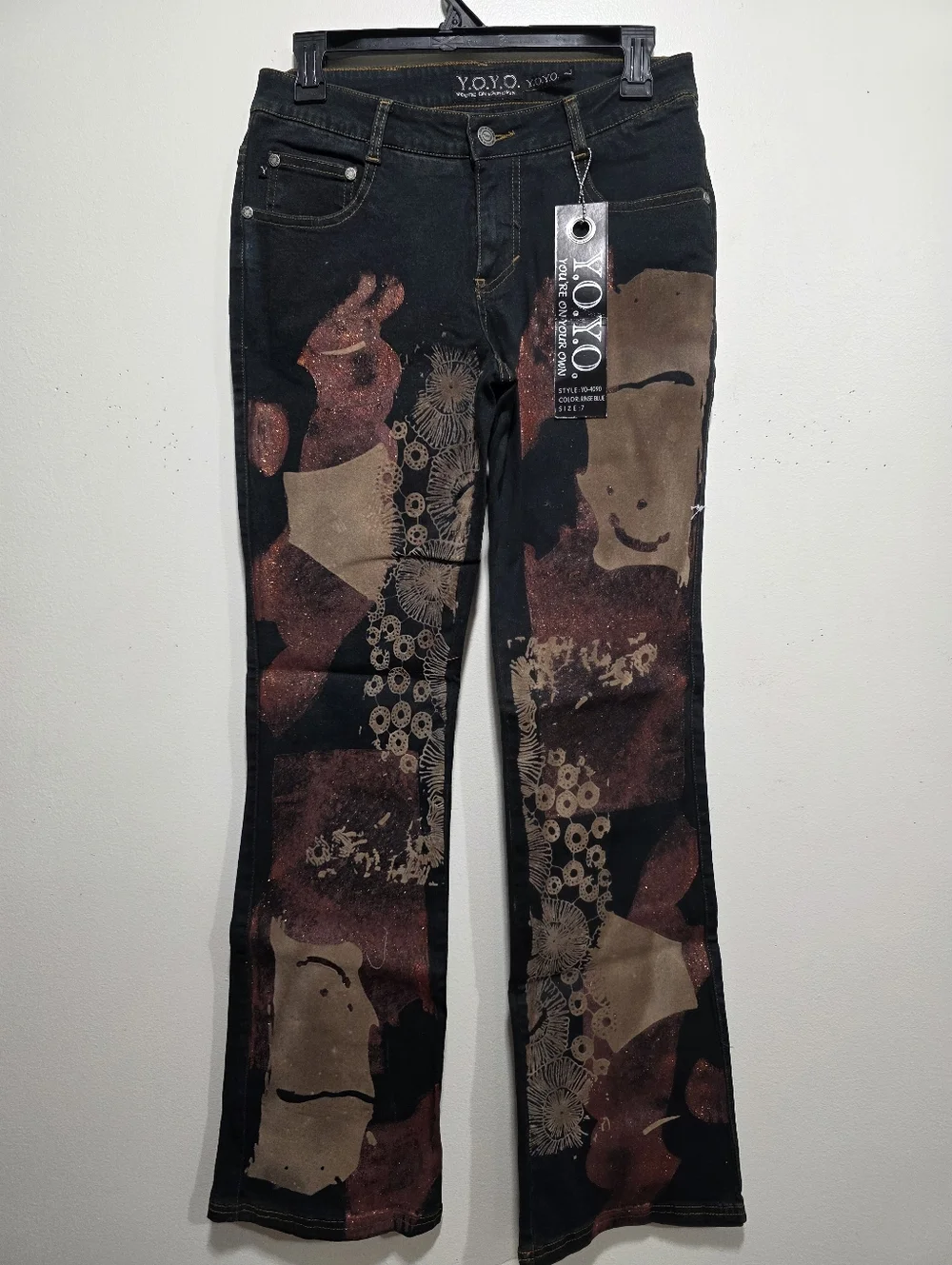 NWT! YOYO Juniors Size 7 Abstract Print Flare Jeans Brown Black Boho Denim - Picture 3 of 6